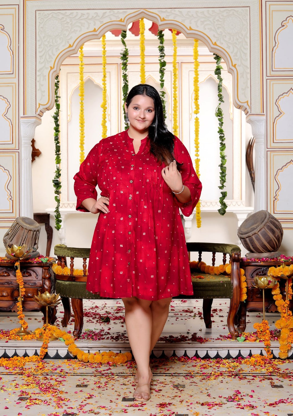 Plus Size Printed Women Red Tunic Dress-130032