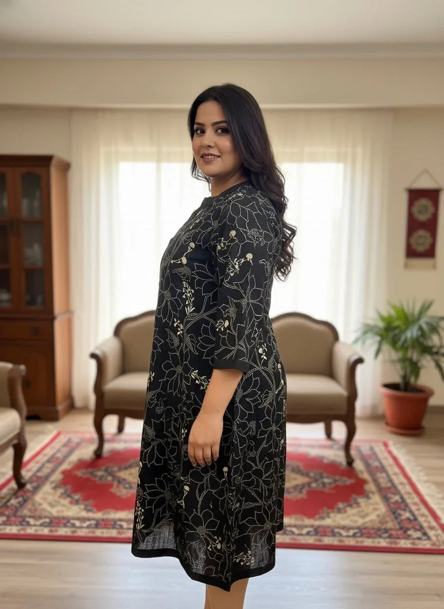 Plus Size Printed Women Black Tunic Dress-130033