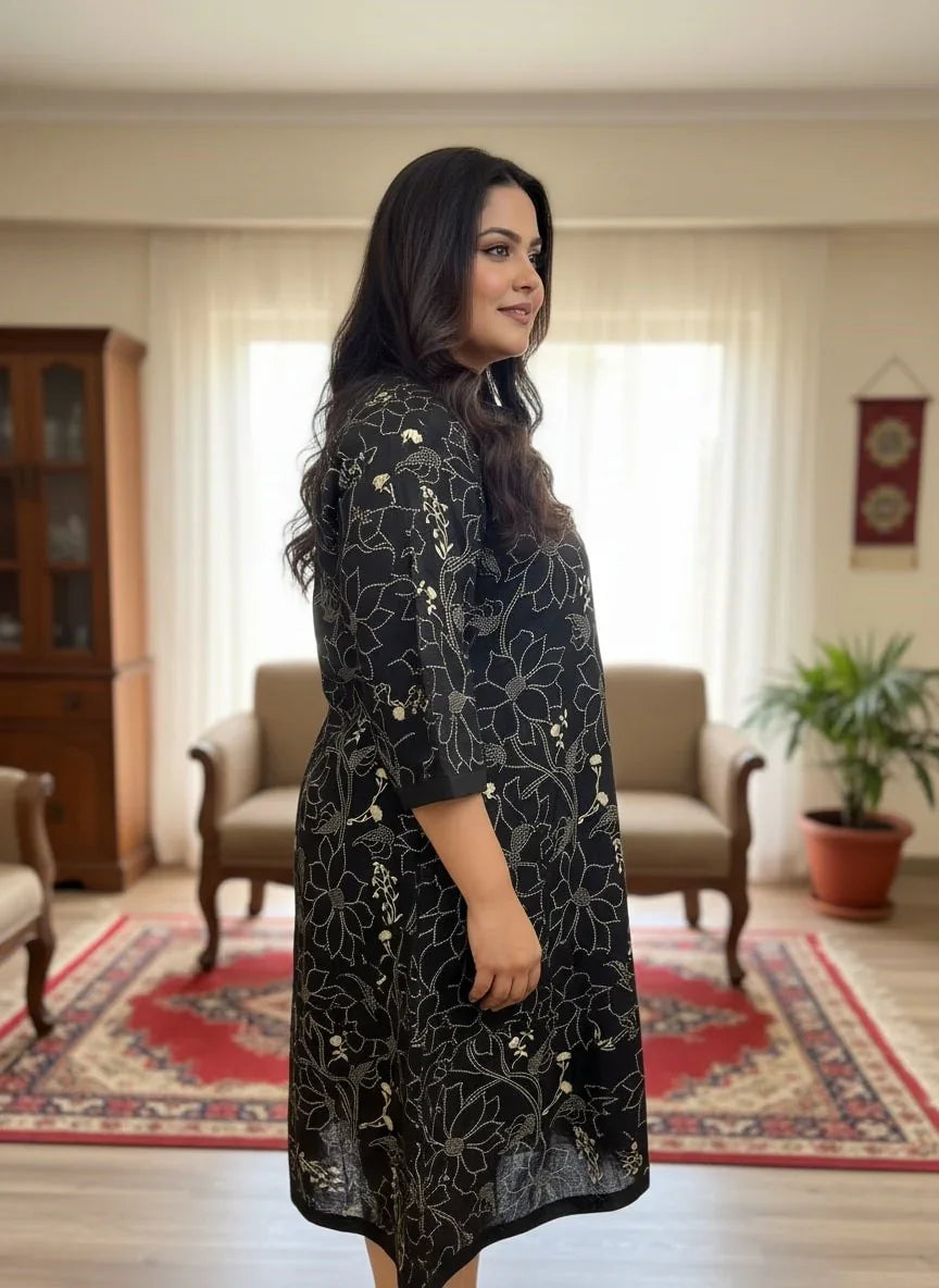 Plus Size Printed Women Black Tunic Dress-130033