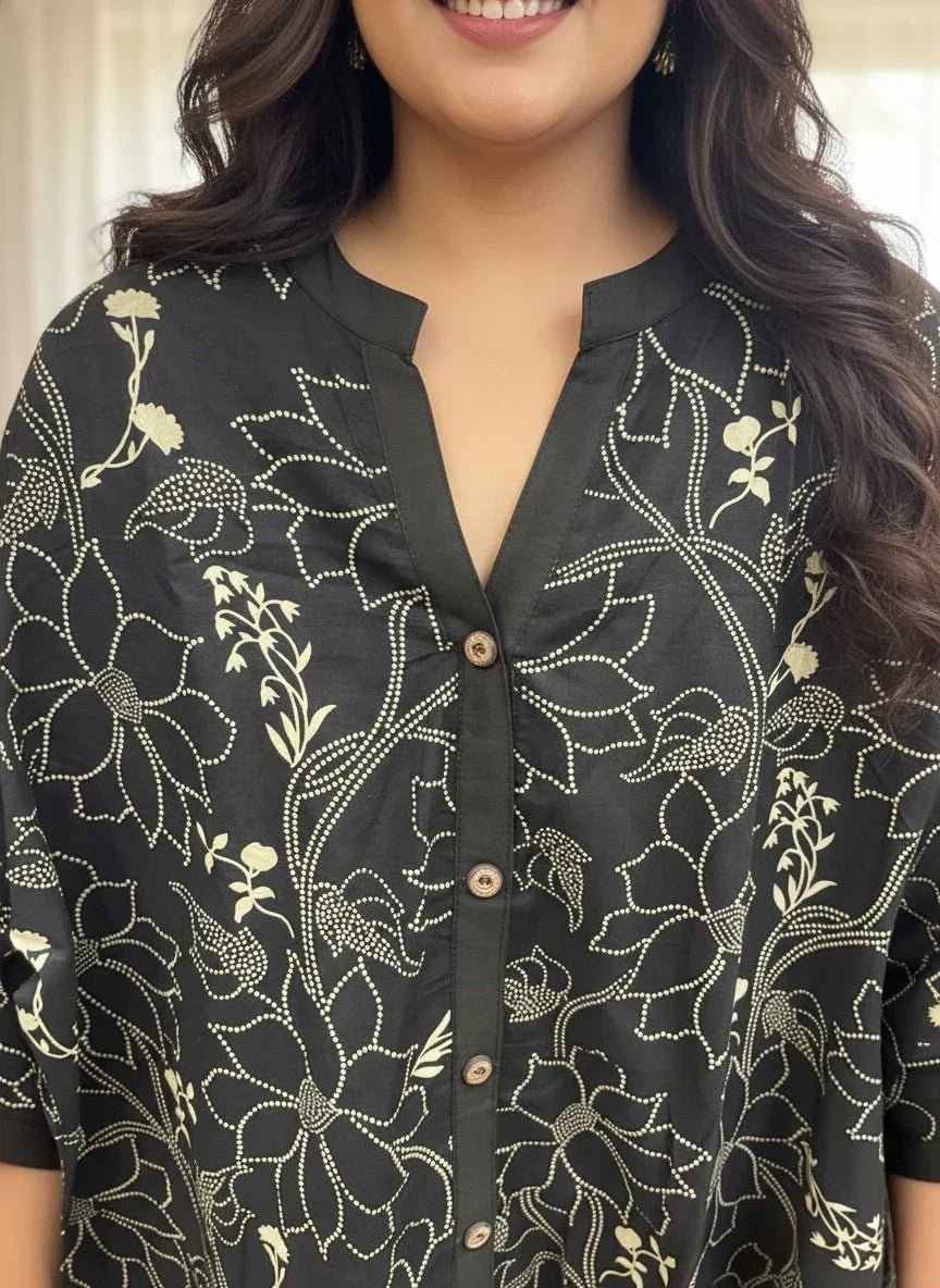 Plus Size Printed Women Black Tunic Dress-130033