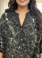 Plus Size Printed Women Black Tunic Dress-130033