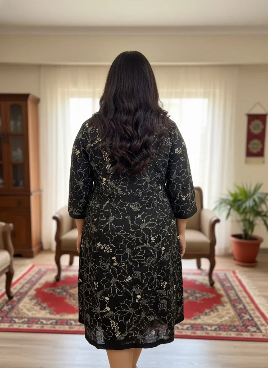 Plus Size Printed Women Black Tunic Dress-130033