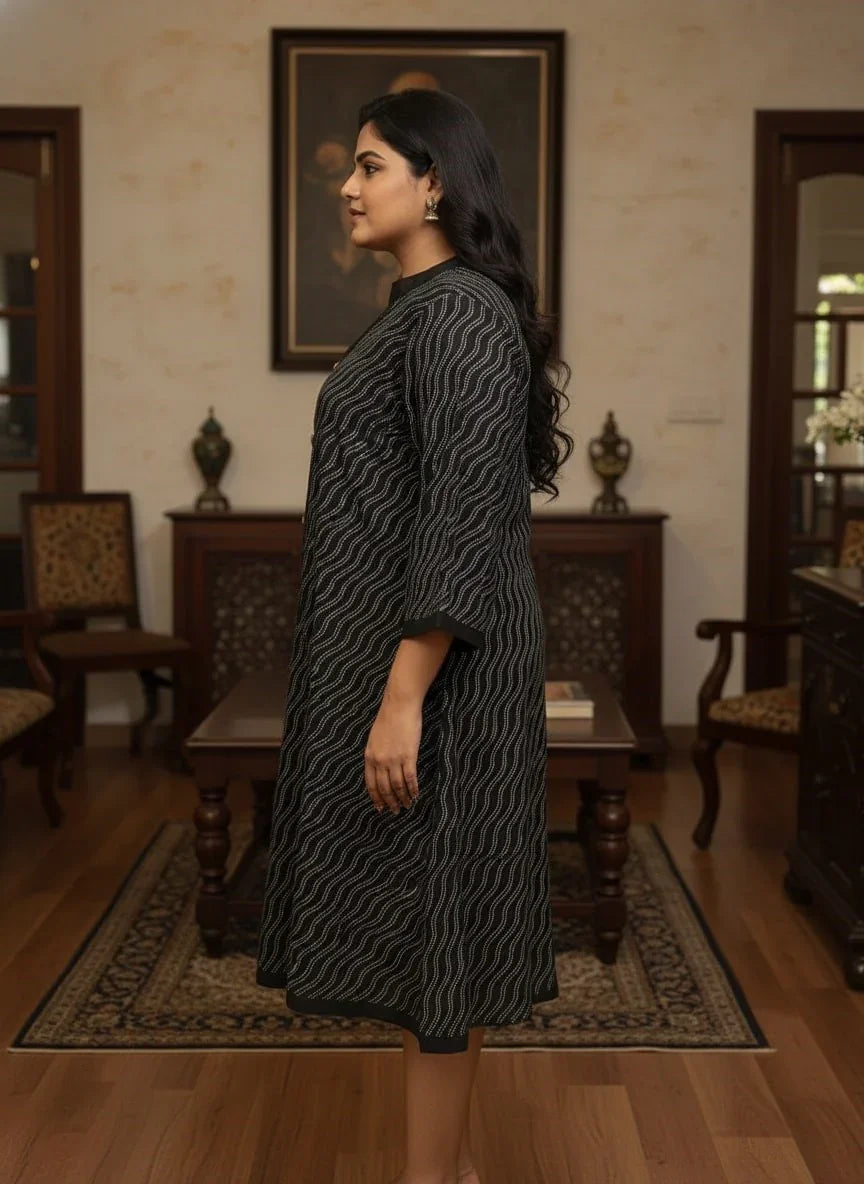 Plus Size Printed Women Black Tunic Dress-130034