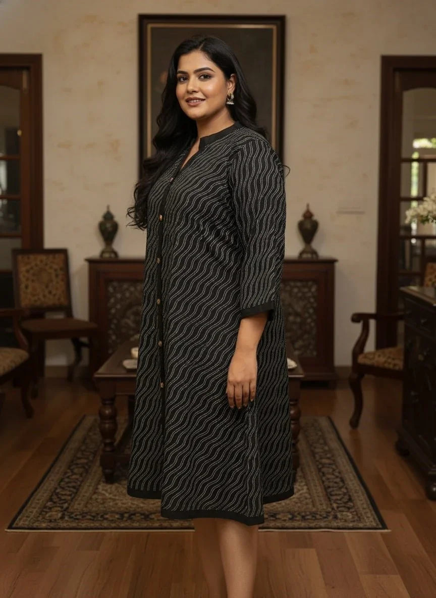 Plus Size Printed Women Black Tunic Dress-130034