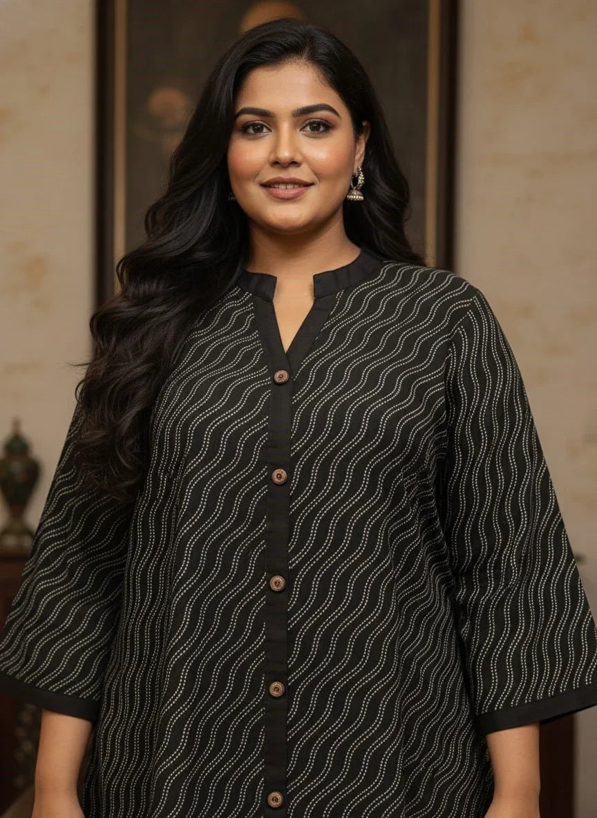 Plus Size Printed Women Black Tunic Dress-130034