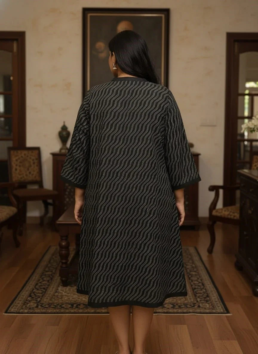 Plus Size Printed Women Black Tunic Dress-130034