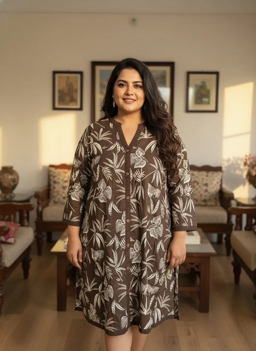 Plus Size Printed Women Brown Tunic Dress-130035 Secondary image