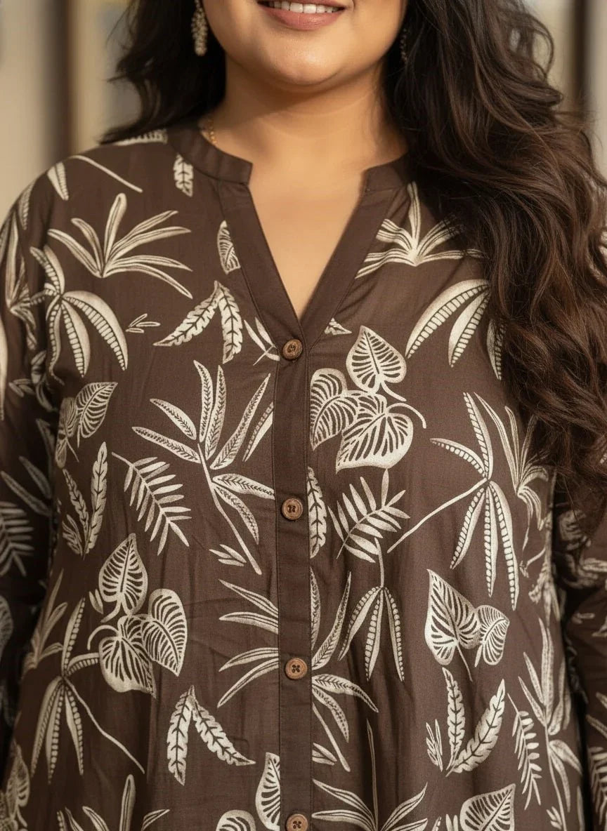 Plus Size Printed Women Brown Tunic Dress-130035