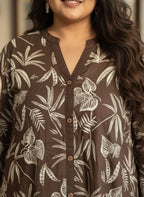 Plus Size Printed Women Brown Tunic Dress-130035