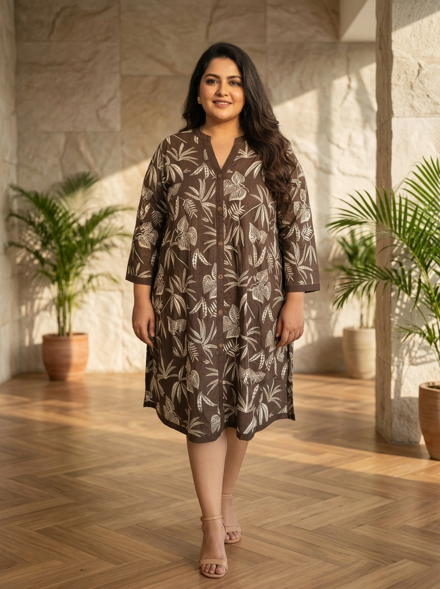 Printed Brown Tunic Dress Plus Size-130035