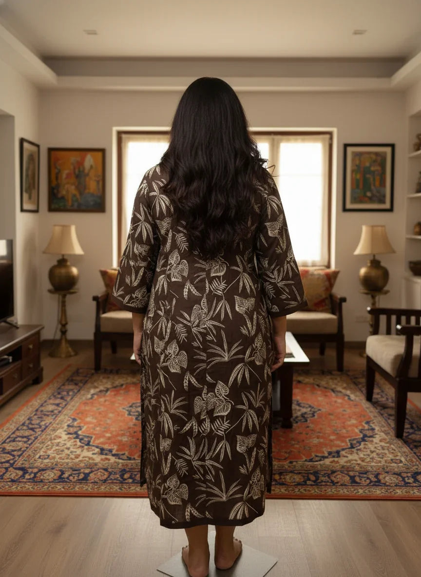 Plus Size Printed Women Brown Tunic Dress-130035