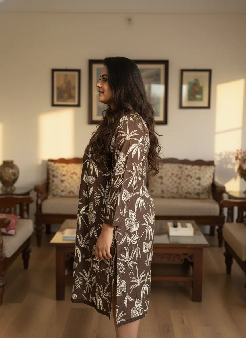 Plus Size Printed Women Brown Tunic Dress-130035