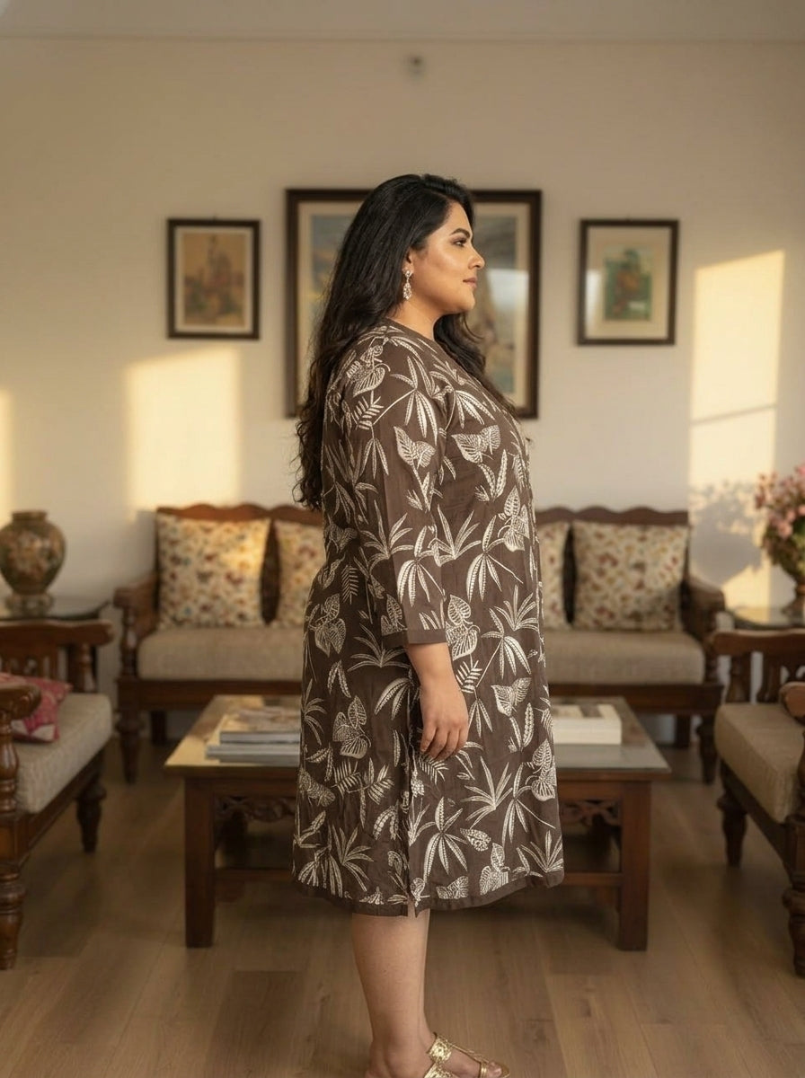Printed Brown Tunic Dress Plus Size-130035