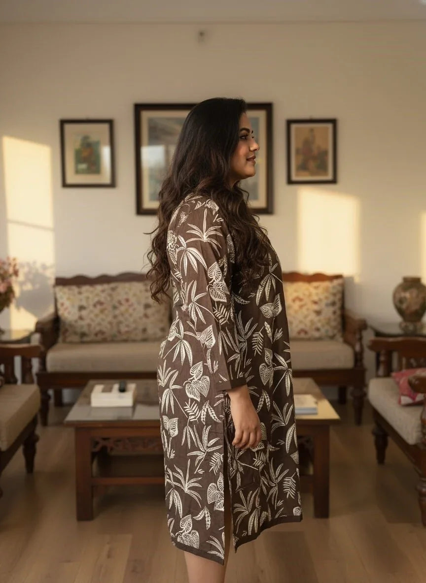 Plus Size Printed Women Brown Tunic Dress-130035