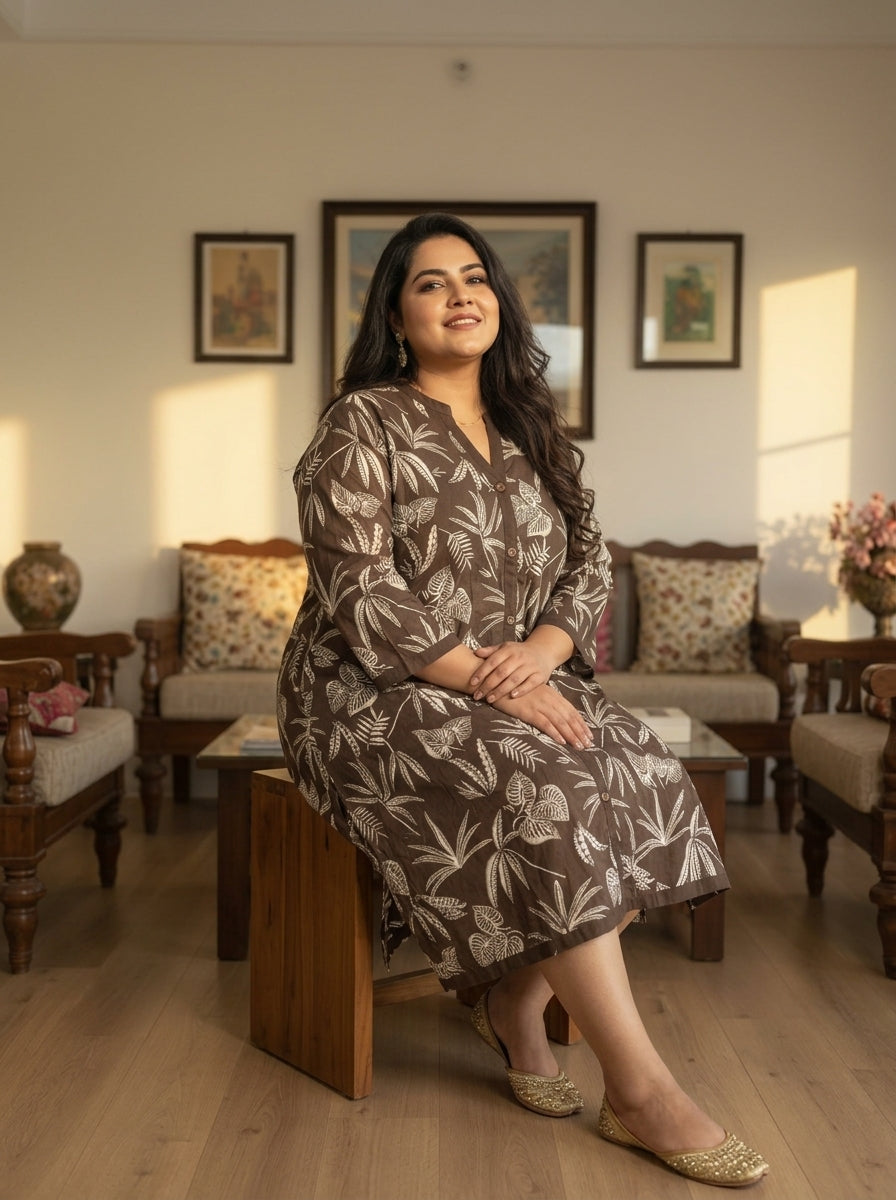 Printed Brown Tunic Dress Plus Size-130035