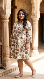 Plus Size Printed Women Off White Tunic Dress-130037