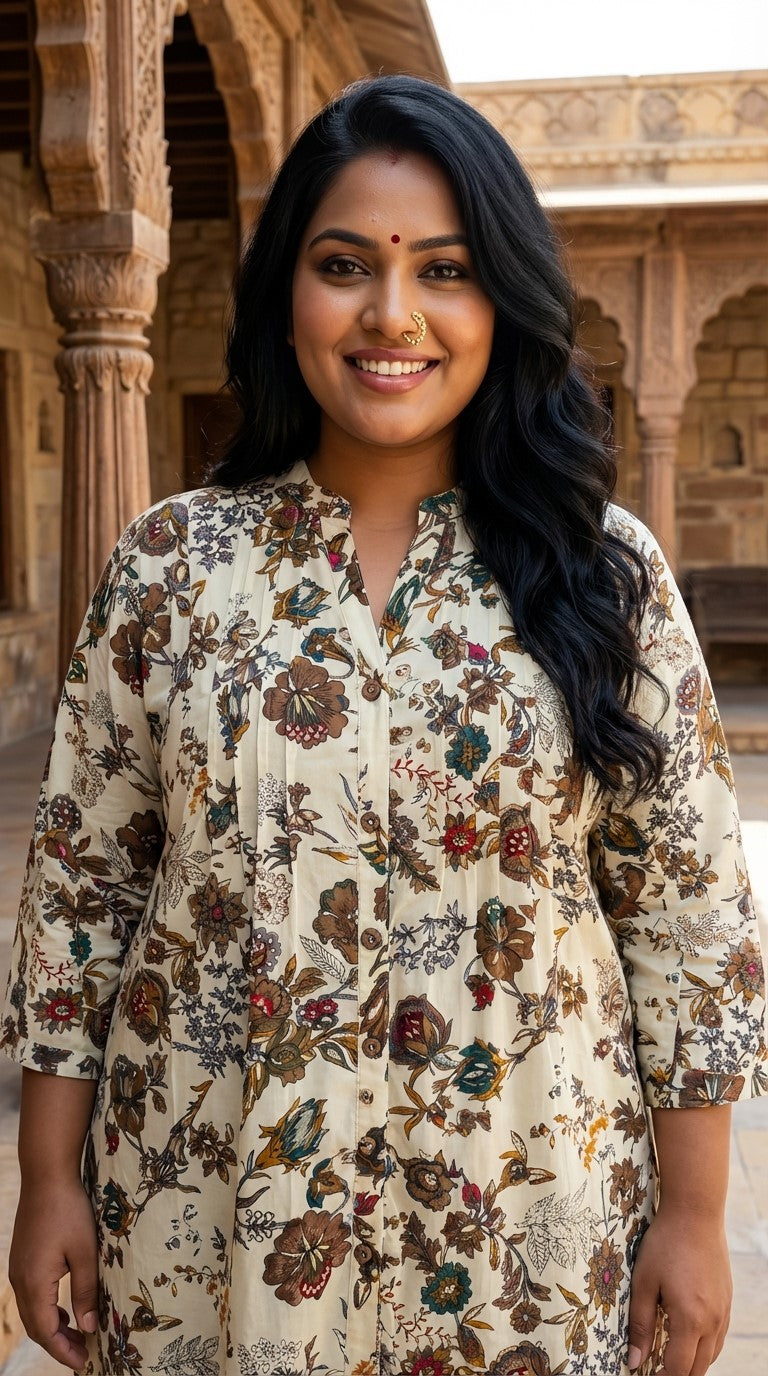 Plus Size Printed Women Off White Tunic Dress-130037