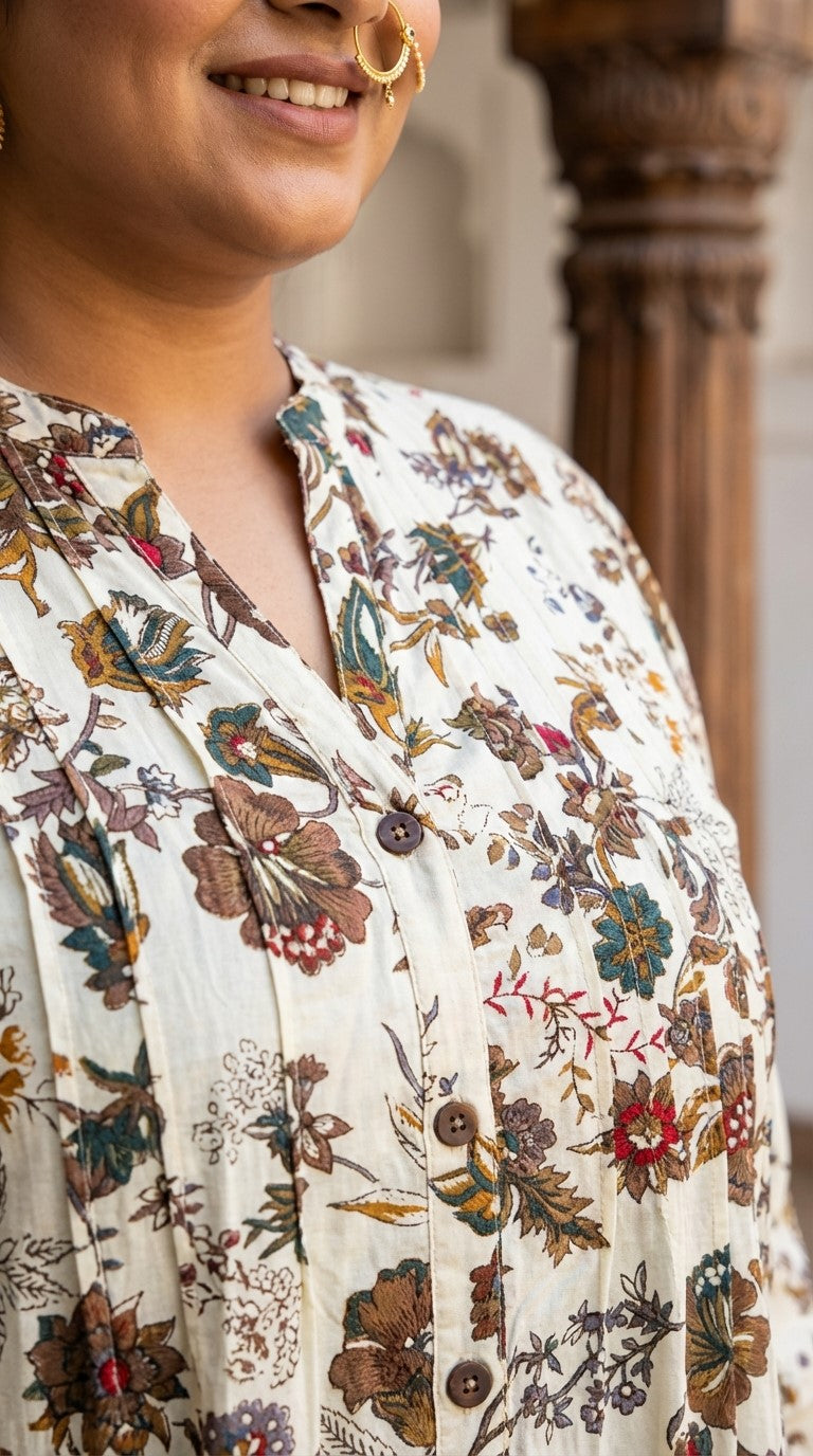 Plus Size Printed Women Off White Tunic Dress-130037