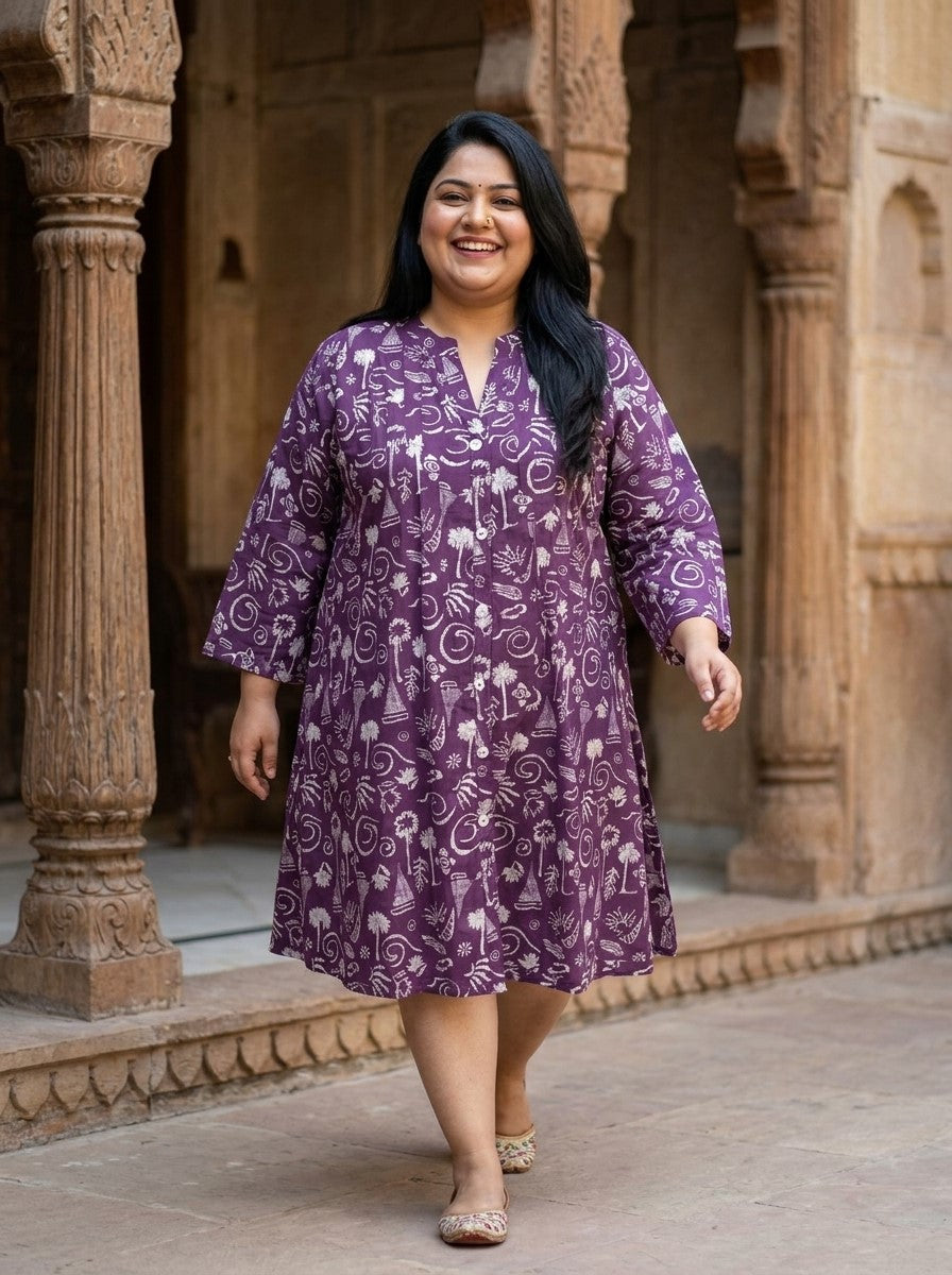 Plus Size Printed Women  Purple Tunic Dress-130039 Main image