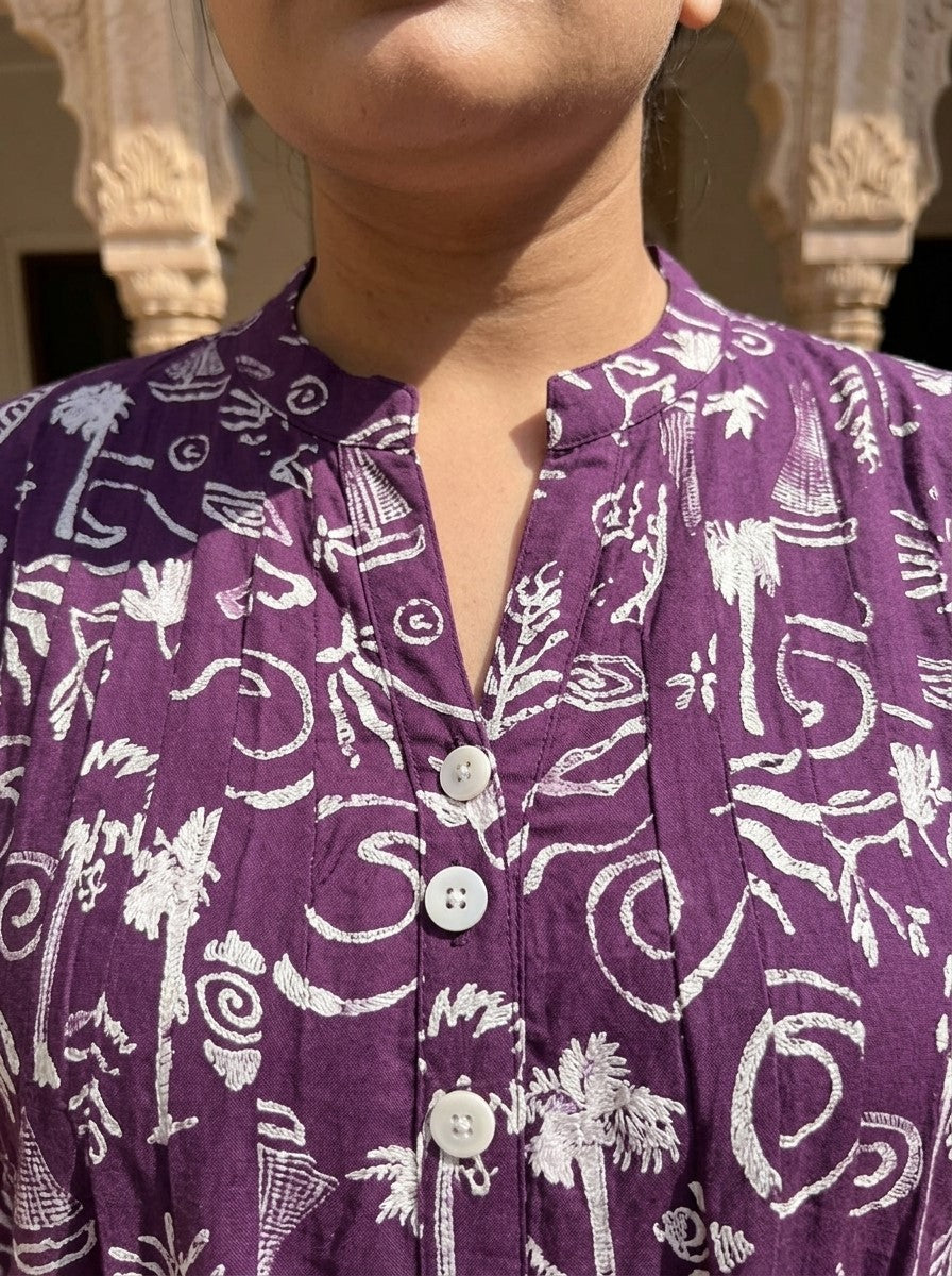 Plus Size Printed Women  Purple Tunic Dress-130039