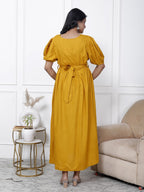 Regular Size Yellow Solid Print Flared Maternity Gown-1400001