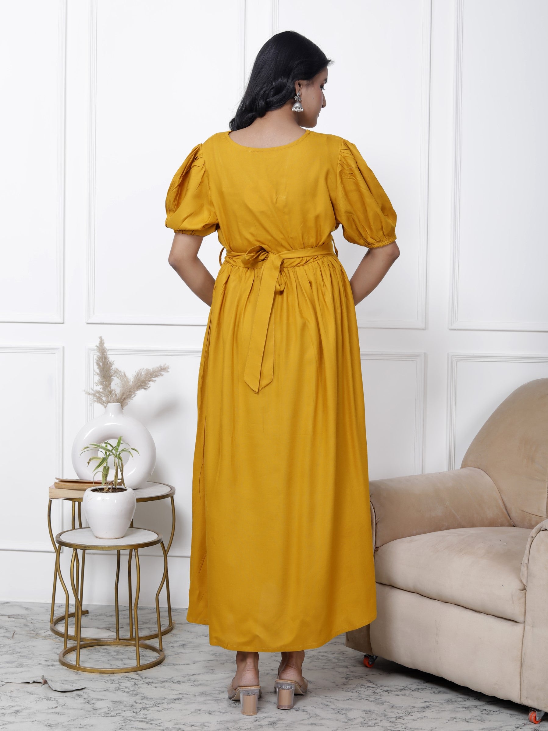 Regular Size Yellow Solid Print Flared Maternity Gown-1400001