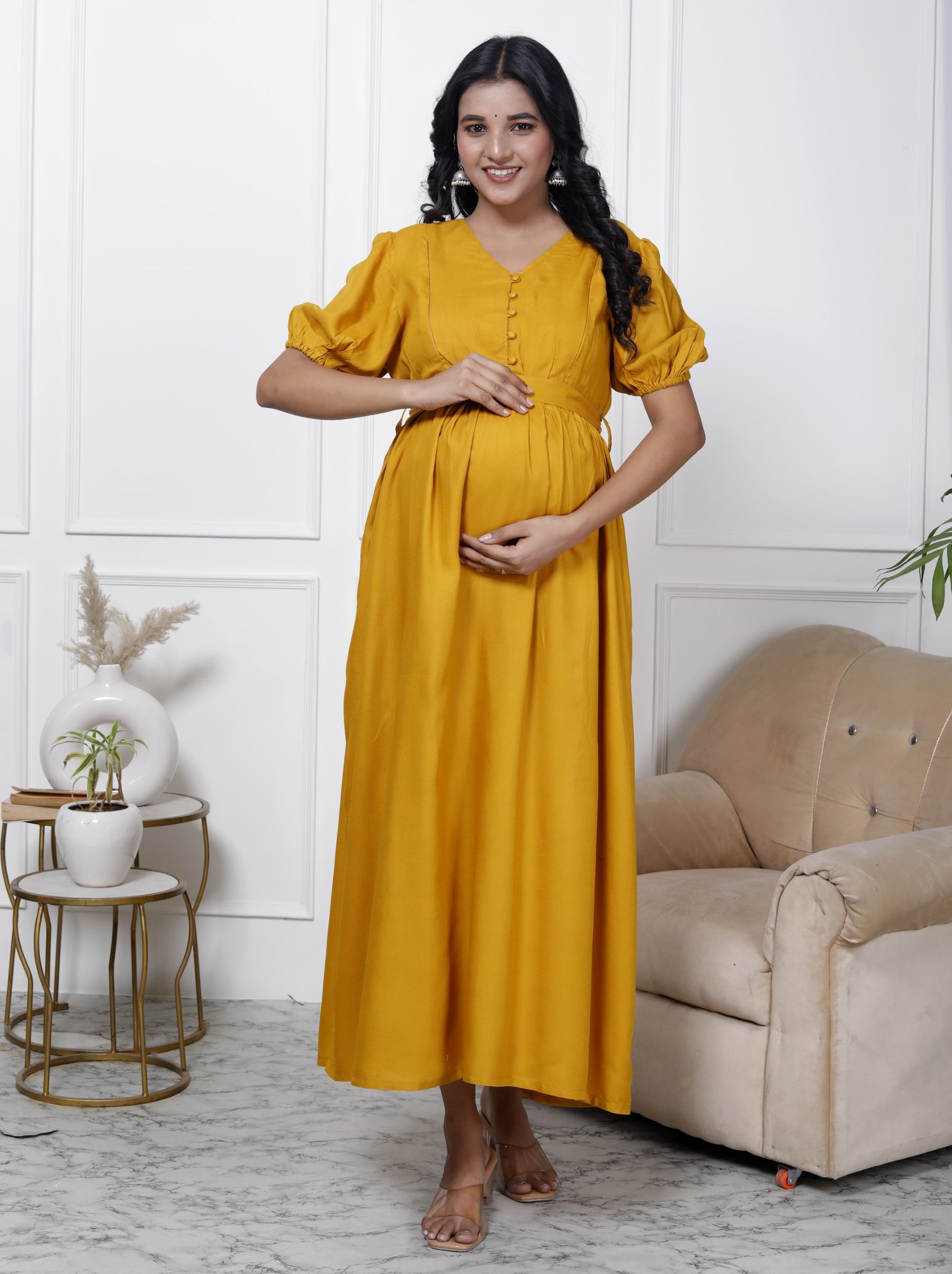 Regular Size Yellow Solid Print Flared Maternity Gown-1400001
