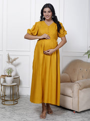 Regular Size Yellow Solid Print Flared Maternity Gown-1400001