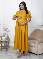 Regular Size Yellow Solid Print Flared Maternity Gown-1400001