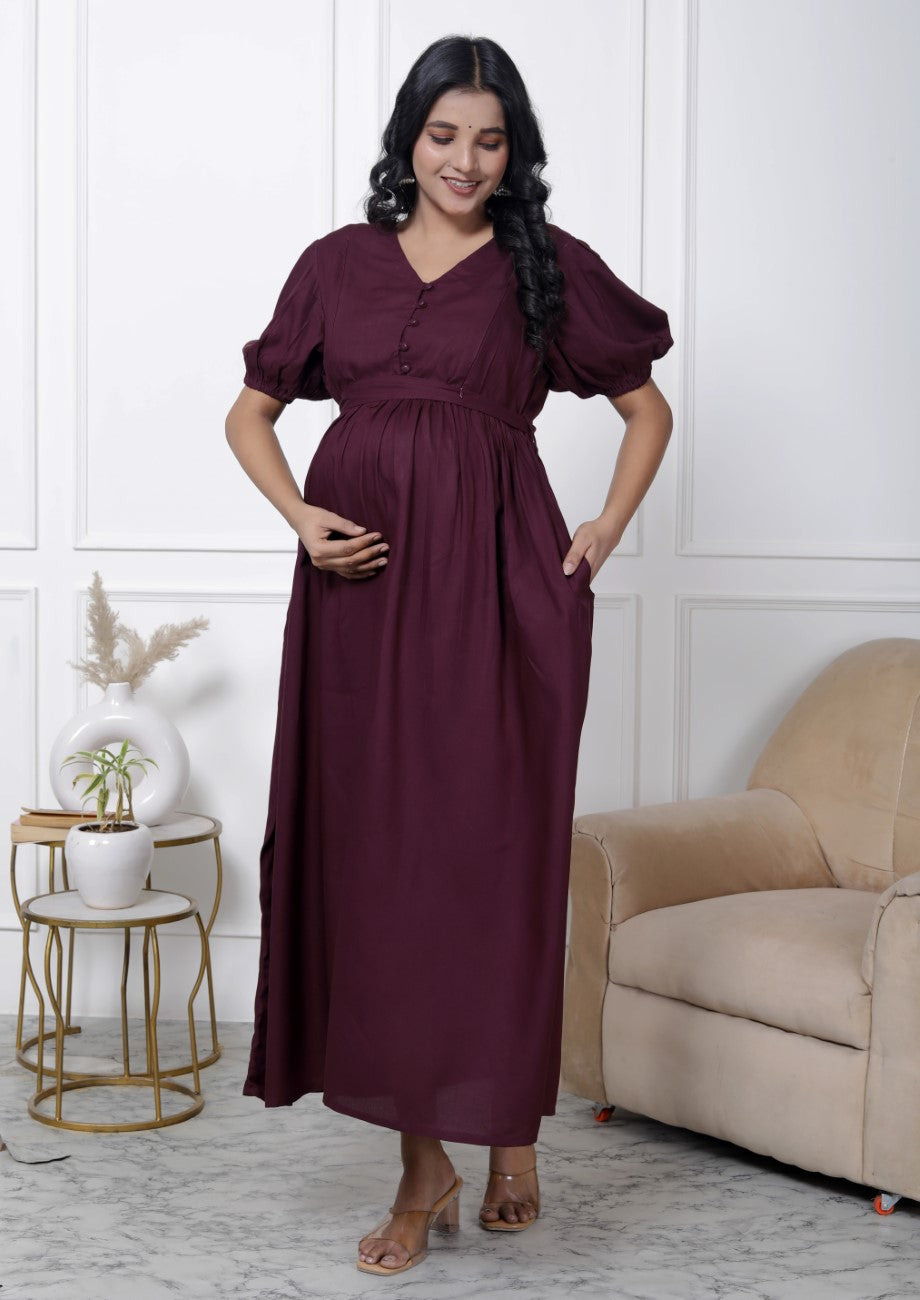Regular Size Purple Solid Print Flared Maternity Gown-1400002 Main image