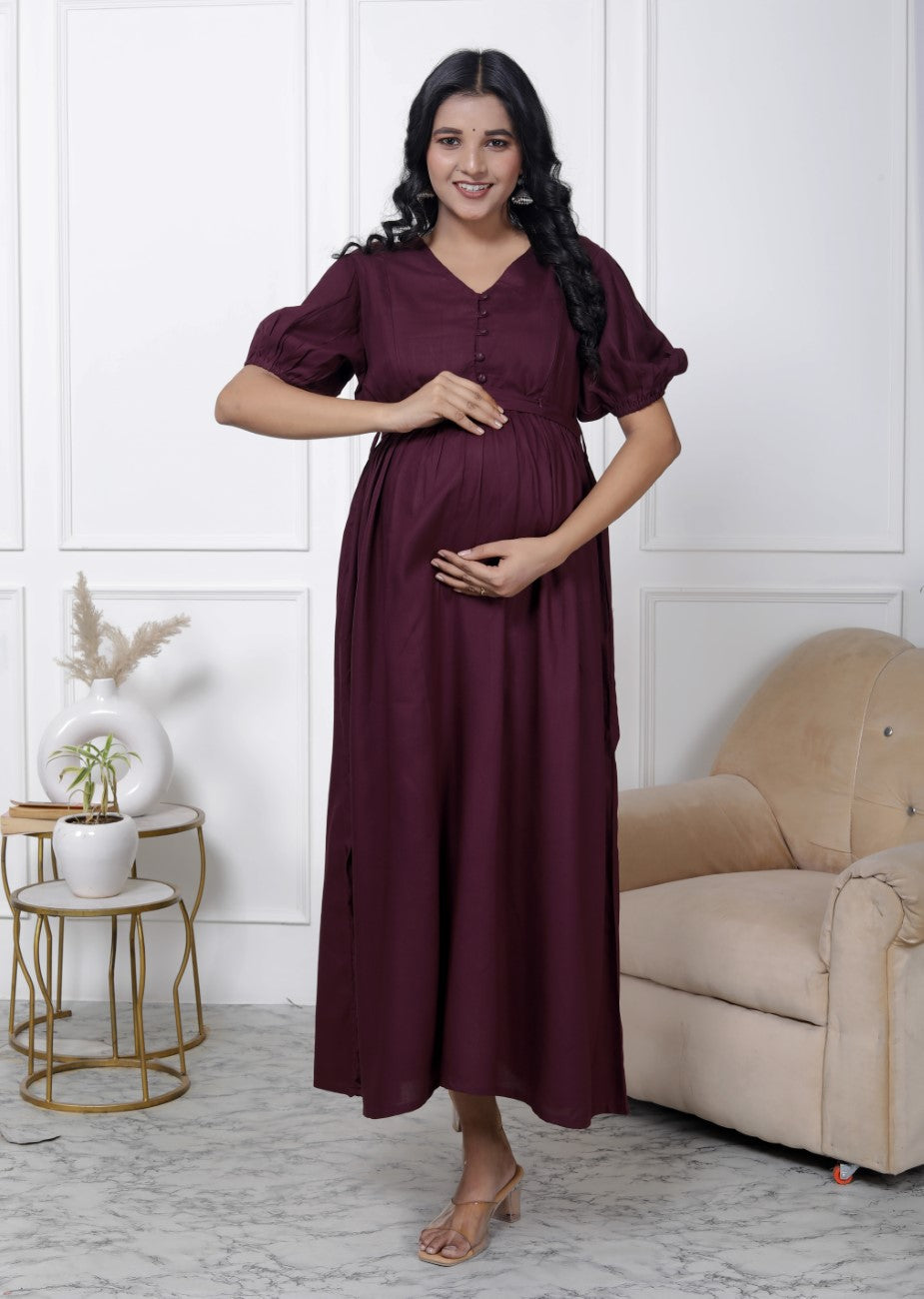 Regular Size Purple Solid Print Flared Maternity Gown-1400002