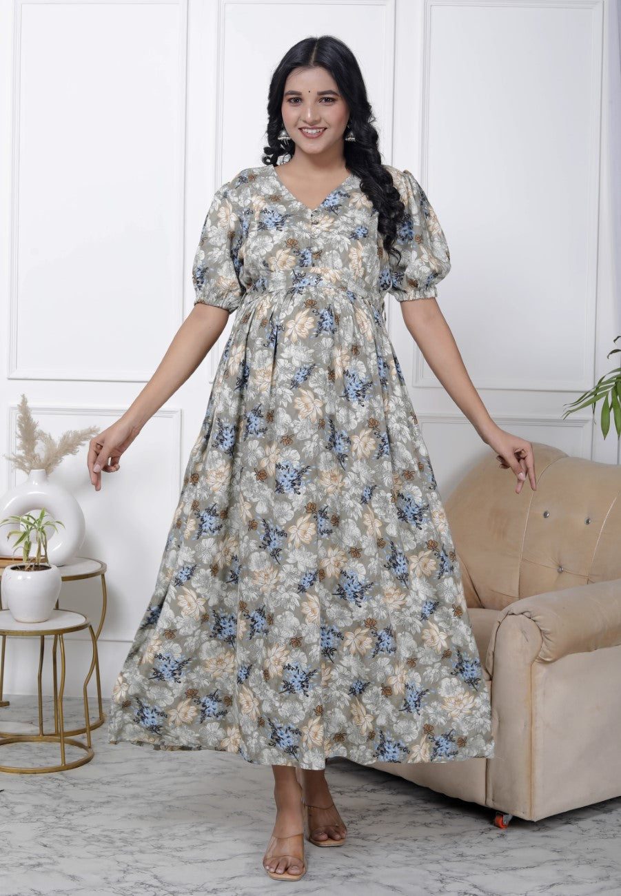 Regular Size Grey Floral Print Flared Maternity Gown-1400003 Secondary image
