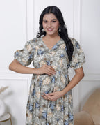 Regular Size Grey Floral Print Flared Maternity Gown-1400003