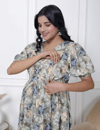 Regular Size Grey Floral Print Flared Maternity Gown-1400003