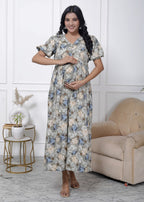 Regular Size Grey Floral Print Flared Maternity Gown-1400003