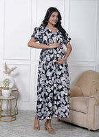 Regular Size Black Floral Print Flared Maternity Gown-1400004