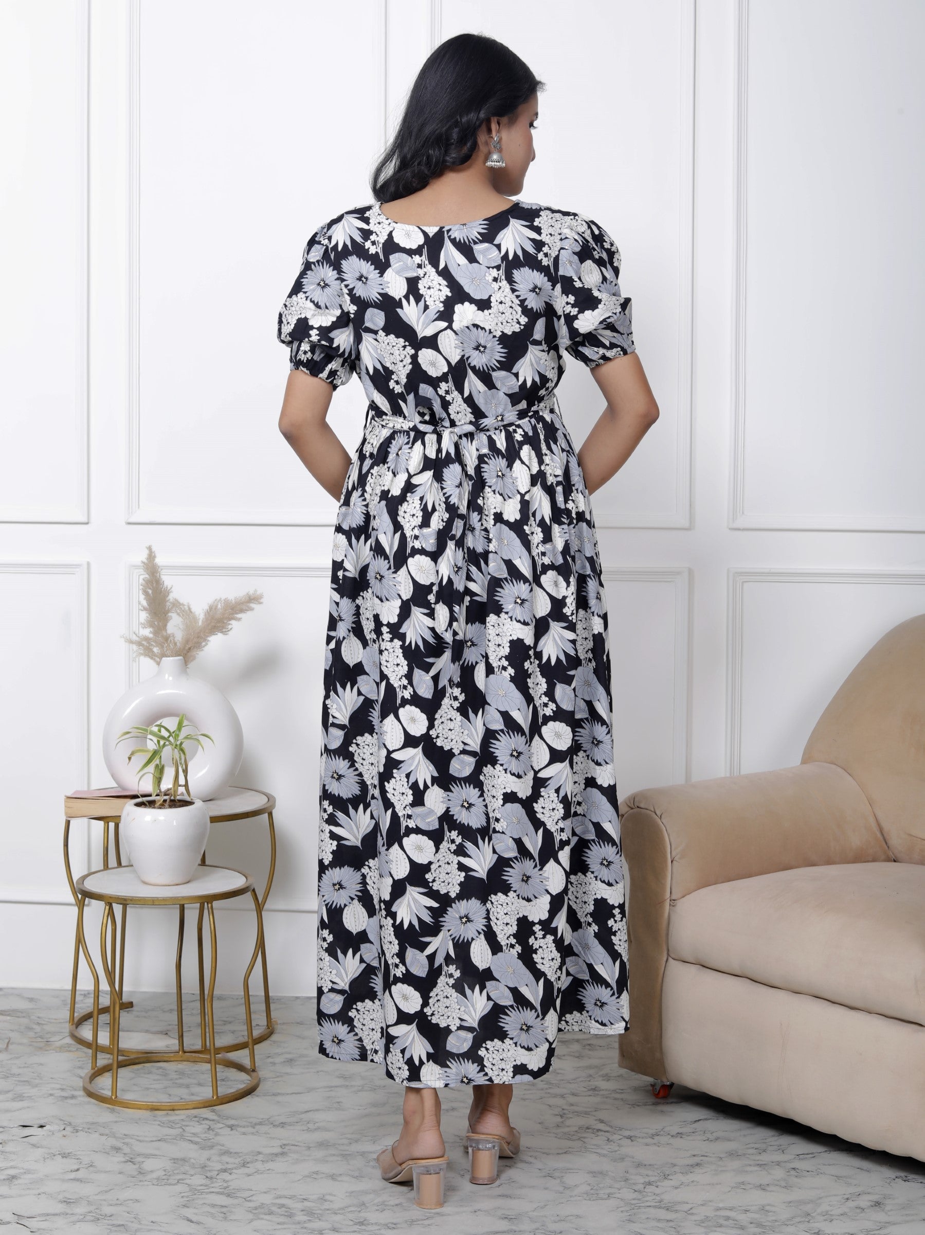 Regular Size Black Floral Print Flared Maternity Gown-1400004