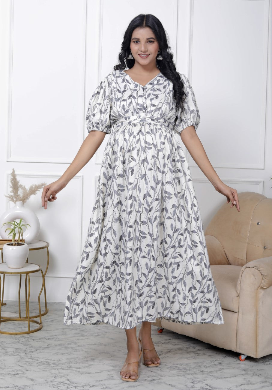 Regular Size White Floral Print Flared Maternity Gown-1400005 Secondary image