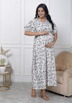 Regular Size White Floral Print Flared Maternity Gown-1400005