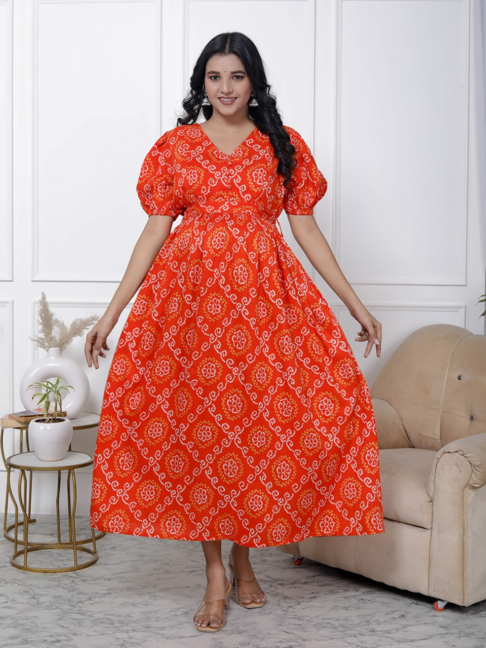 Regular Size Orange Bandhani Print Flared Maternity Gown-1400006 Secondary image