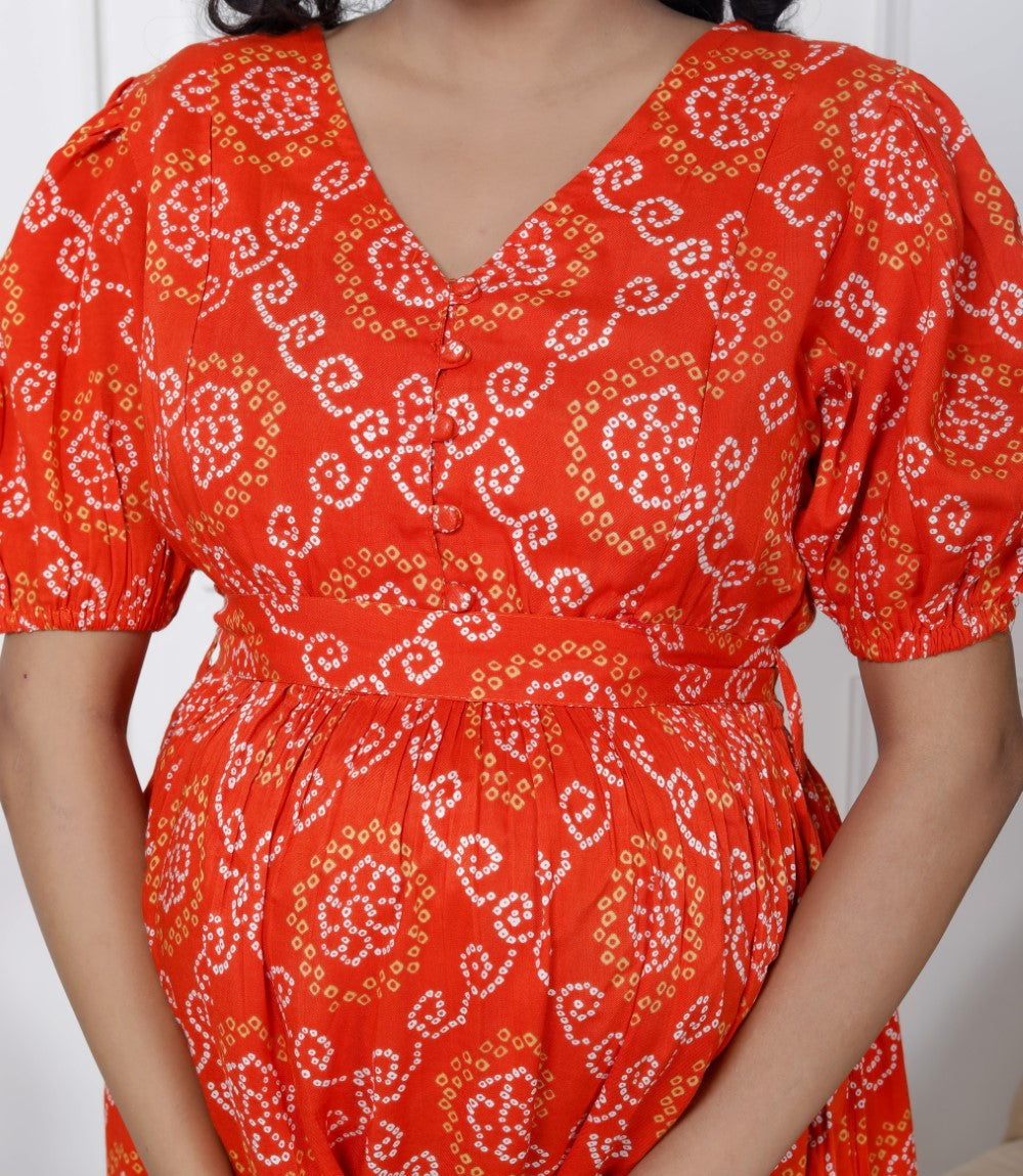 Regular Size Orange Bandhani Print Flared Maternity Gown-1400006