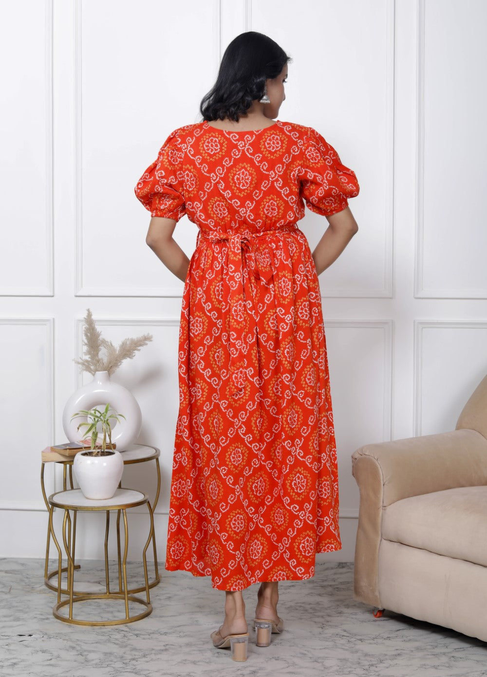 Regular Size Orange Bandhani Print Flared Maternity Gown-1400006