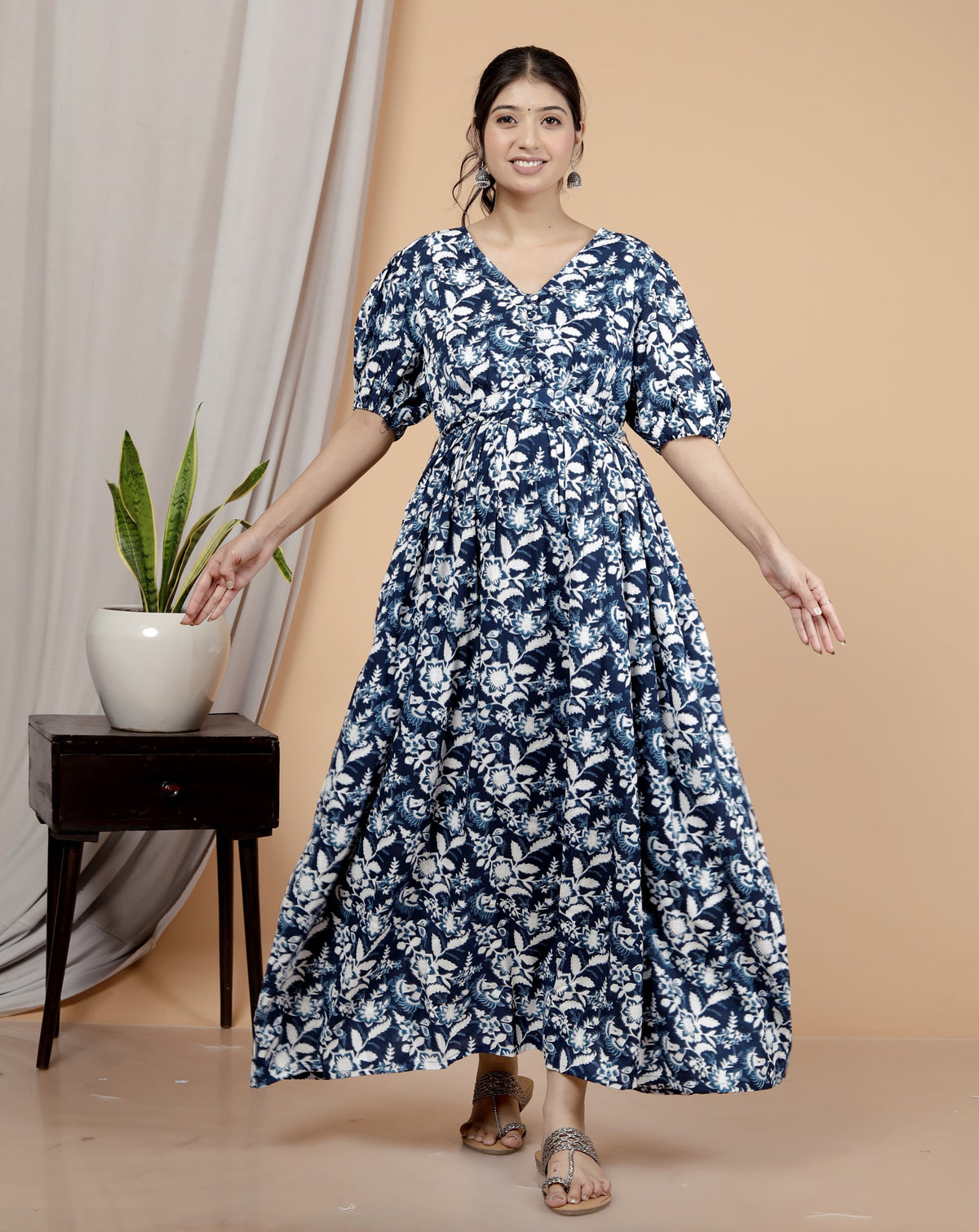 Regular Size Blue Floral Print Flared Maternity Gown-1400008