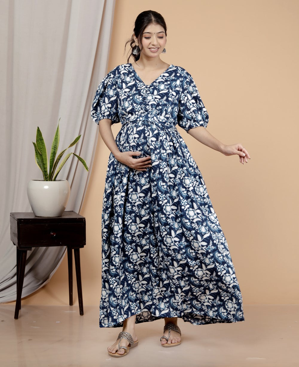 Regular Size Blue Floral Print Flared Maternity Gown-1400008