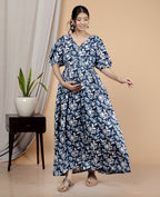Regular Size Blue Floral Print Flared Maternity Gown-1400008