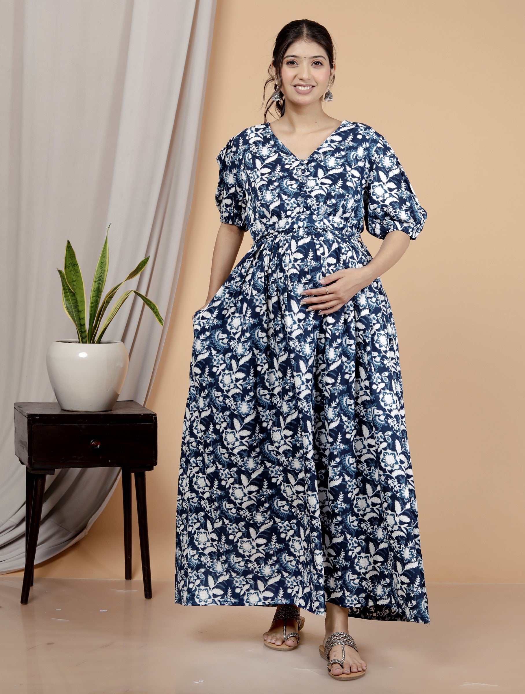 Regular Size Blue Floral Print Flared Maternity Gown-1400008