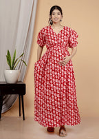 Regular Size Red Floral Print Flared Maternity Gown-1400009