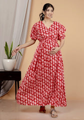 Regular Size Red Floral Print Flared Maternity Gown-1400009
