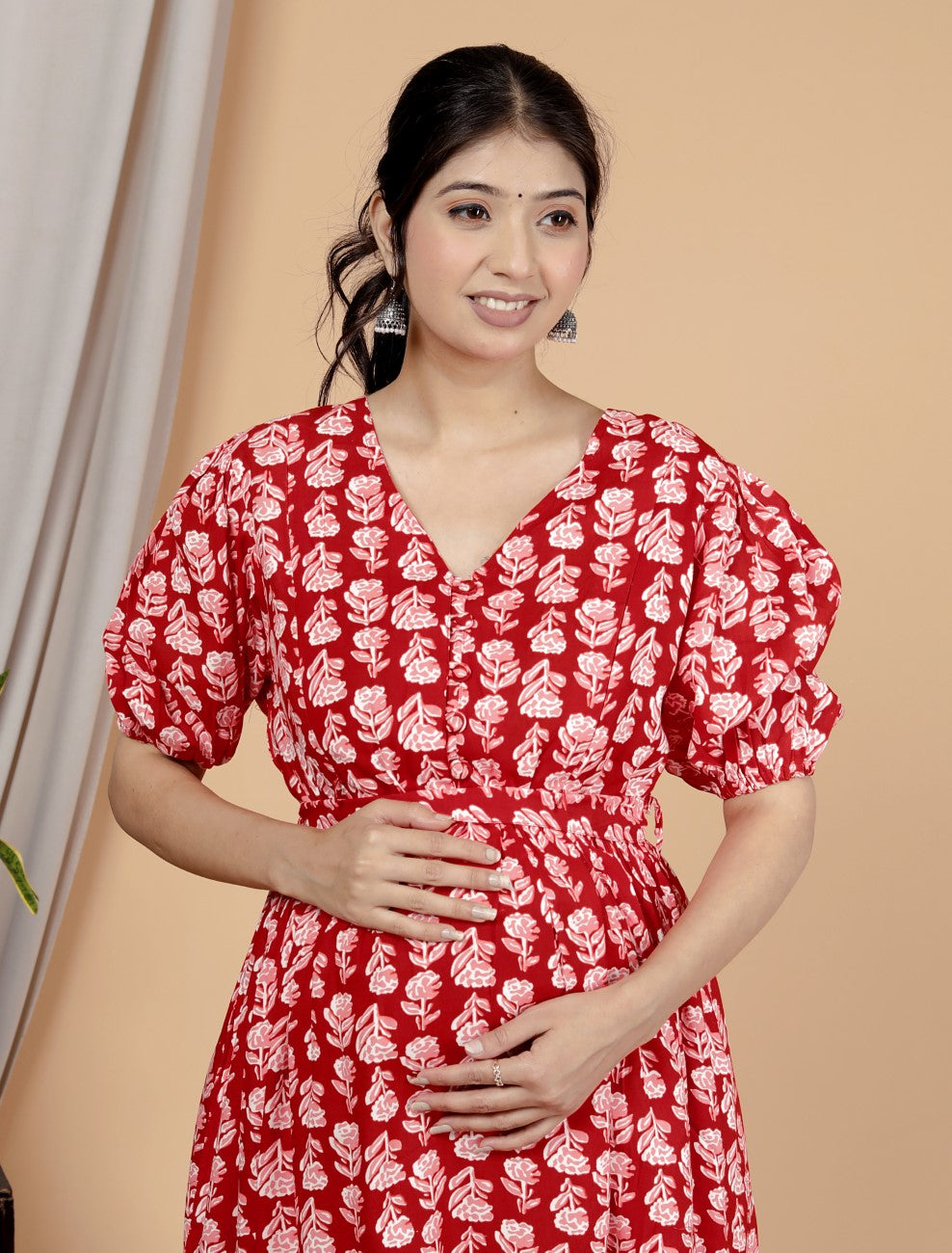 Regular Size Red Floral Print Flared Maternity Gown-1400009