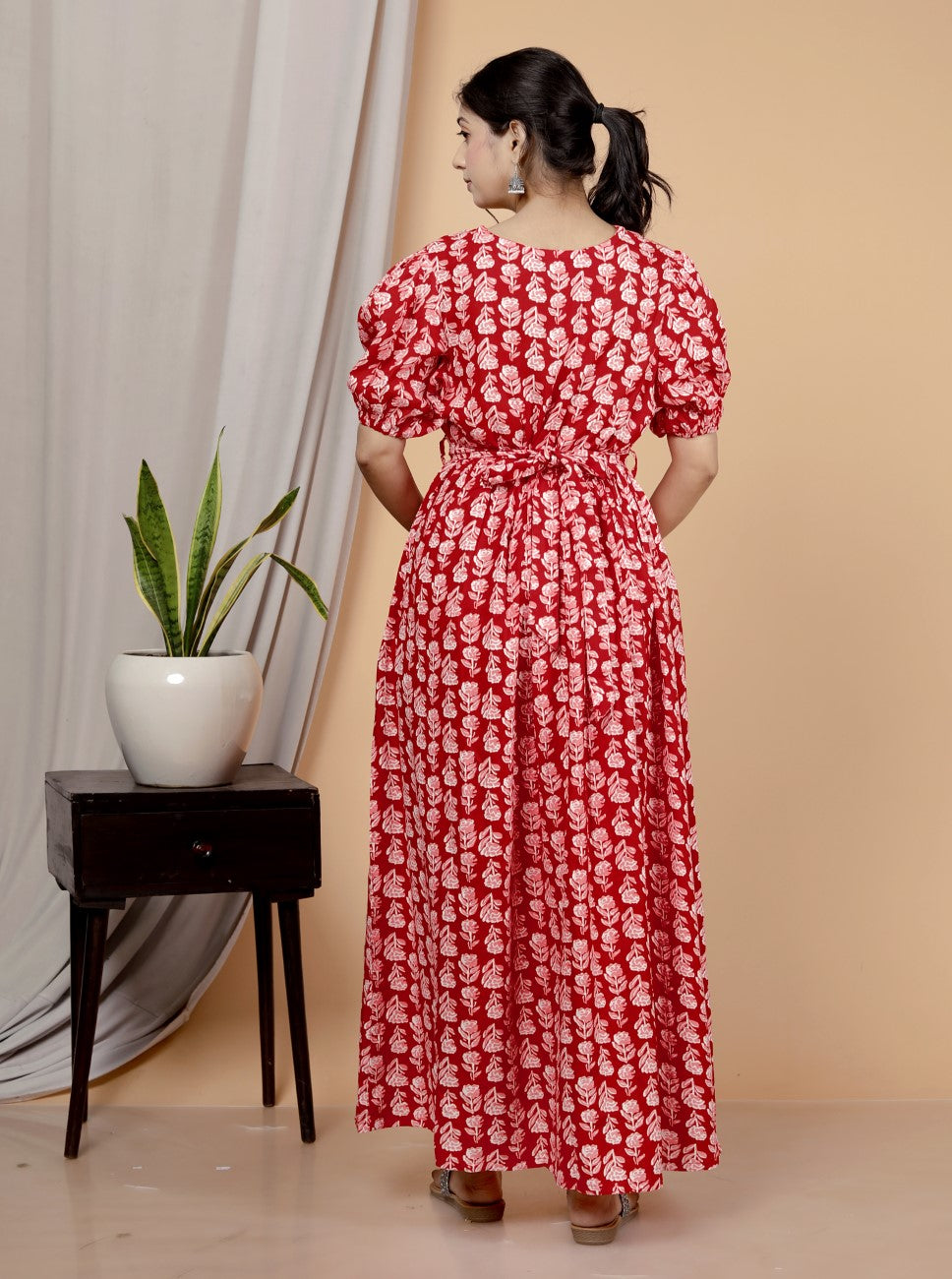 Regular Size Red Floral Print Flared Maternity Gown-1400009